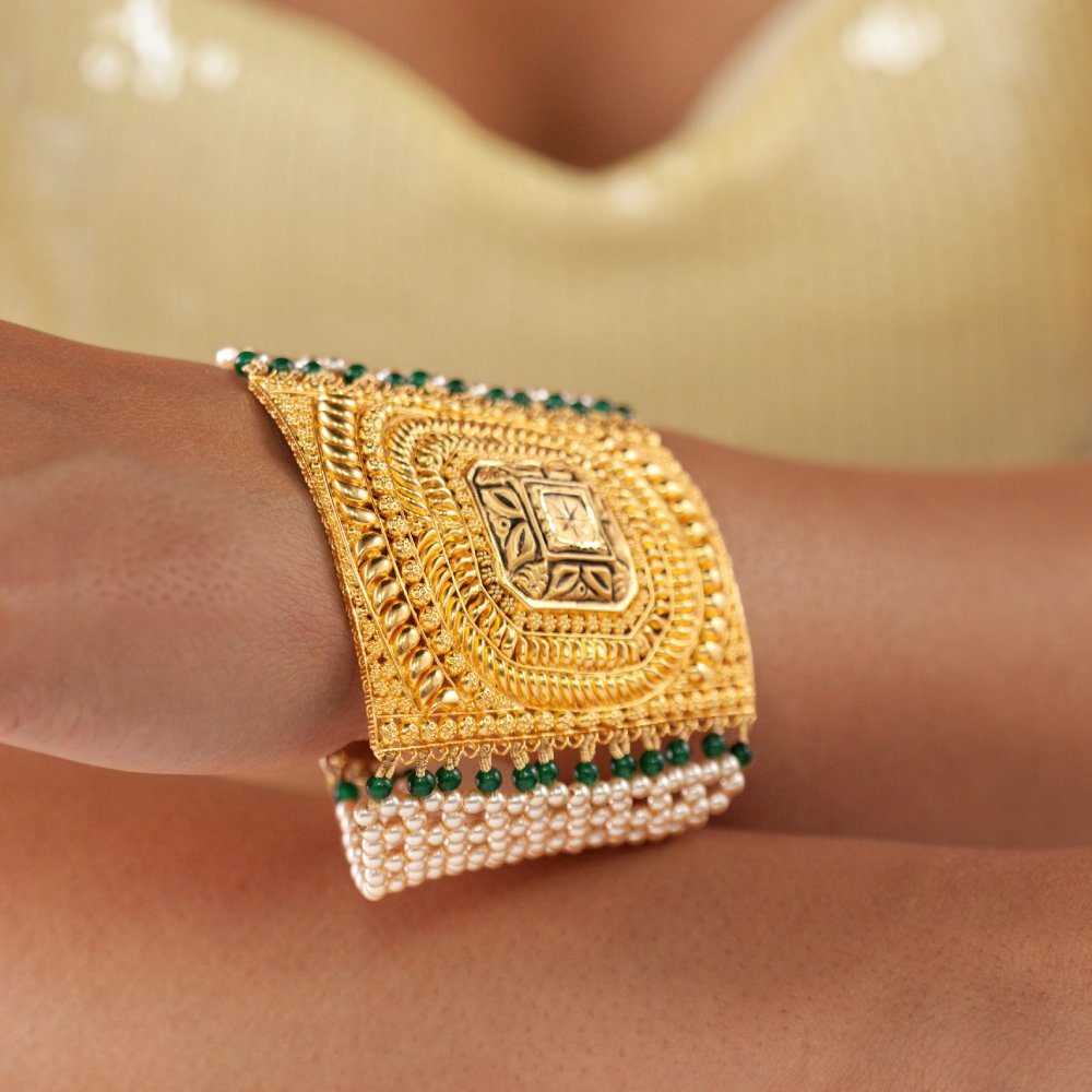 Gold Heritage Cuff Bracelet with Pearls & Green Beads