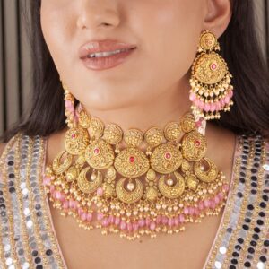 Gold Choker Necklace with Pink Bead Drops