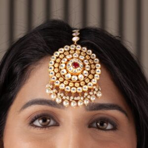 Gold Bridal Kundan Maang Tikka with Pearls & Ruby