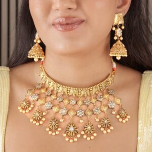 Gold Choker Necklace with Polki & Pearl Drops