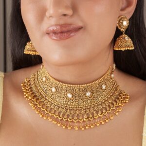 Gold Floral Choker Set with Jhumkas
