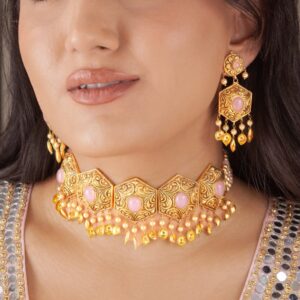 Gold Hexagon Choker Set with Pink Stones